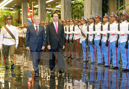 Chủ tịch nước Trần Đại Quang và Chủ tịch Raul castro duyệt đội danh dự.